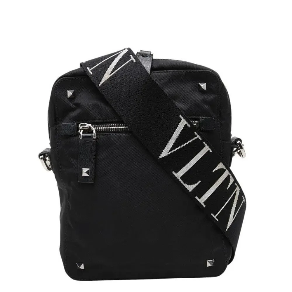 Valentino Nylon Logo Studs Shoulder Bag Black